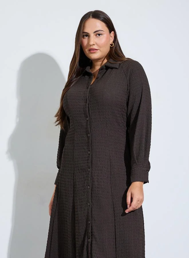 ستايلي Plus Size Brown Long Sleeves Shirt Maxi Dress