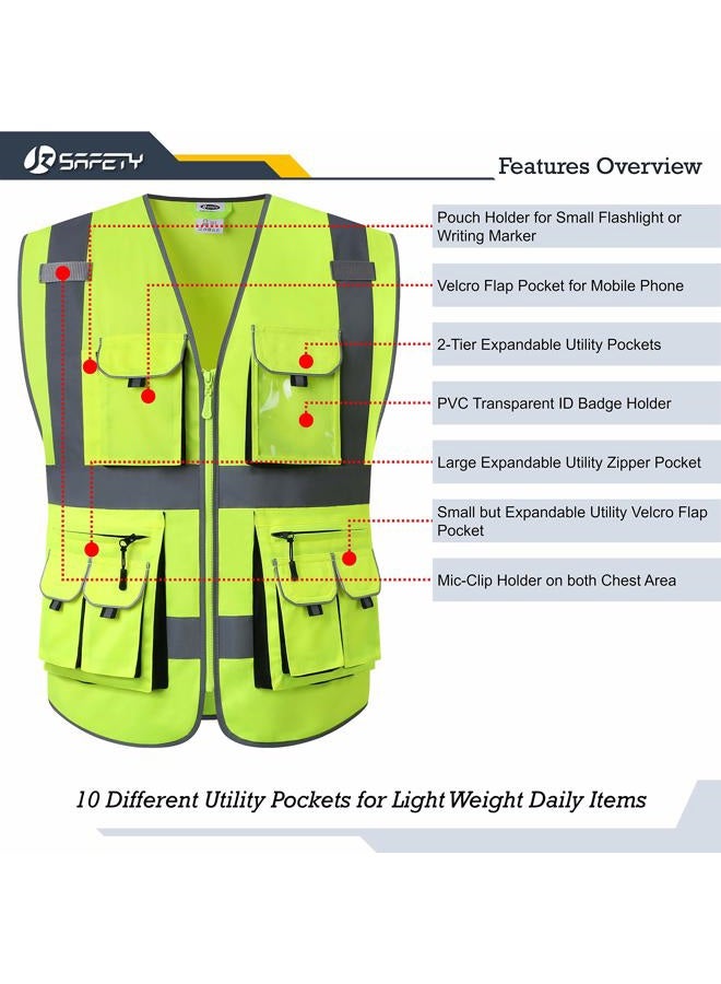 JKSafety 10 Pockets Class 2 High Visibility Zipper Front Safety Vest Yellow with High Reflective Strips Meets ANSI/ISEA Standards (88-Yellow, X-Large) - Image 4