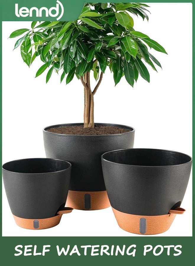 LENND 23/25/30 cm Self Watering Pots for Indoor/Outdoor Plants - Large Plastic Planter with Drainage Holes, Water Level Indicator & Deep Reservoir, Modern Decorative Flower Pots (Black) - Image 1
