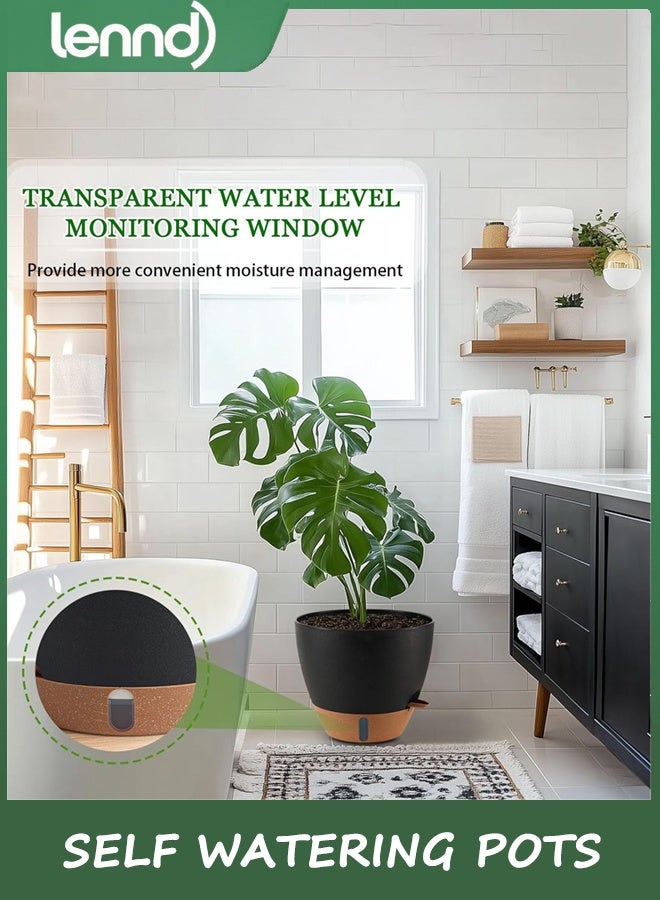 LENND 23/25/30 cm Self Watering Pots for Indoor/Outdoor Plants - Large Plastic Planter with Drainage Holes, Water Level Indicator & Deep Reservoir, Modern Decorative Flower Pots (Black) - Image 5