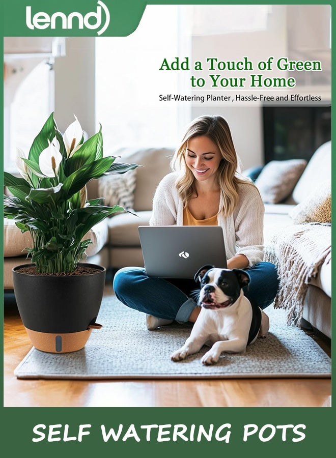 LENND 23/25/30 cm Self Watering Pots for Indoor/Outdoor Plants - Large Plastic Planter with Drainage Holes, Water Level Indicator & Deep Reservoir, Modern Decorative Flower Pots (Black) - Image 4