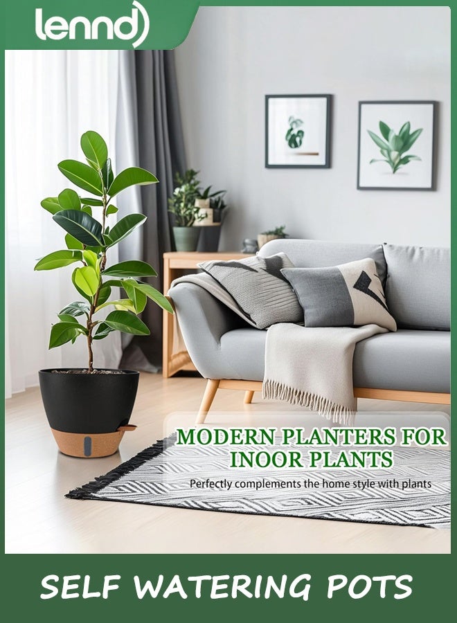 LENND 23/25/30 cm Self Watering Pots for Indoor/Outdoor Plants - Large Plastic Planter with Drainage Holes, Water Level Indicator & Deep Reservoir, Modern Decorative Flower Pots (Black) - Image 2