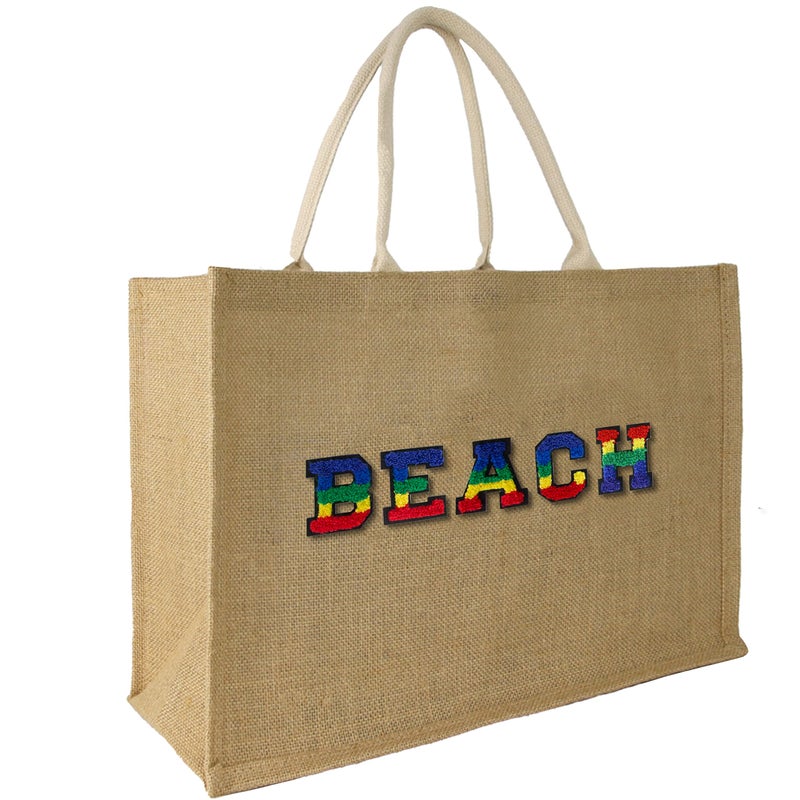 Hibala Woven Large Beach Bag Straw Beach Tote Handmade Weaving Shoulder Tassel Bag Handbag (Colorful Alphabet Stickers) - Image 1