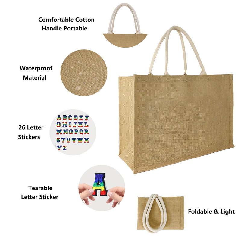 Hibala Woven Large Beach Bag Straw Beach Tote Handmade Weaving Shoulder Tassel Bag Handbag (Colorful Alphabet Stickers) - Image 5