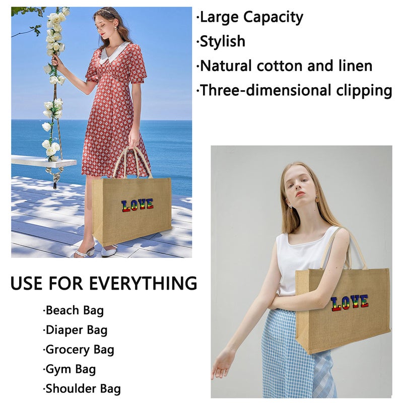 Hibala Woven Large Beach Bag Straw Beach Tote Handmade Weaving Shoulder Tassel Bag Handbag (Colorful Alphabet Stickers) - Image 2