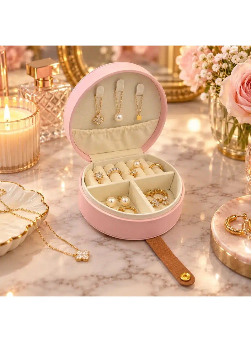 Compact Jewelry Organizer Box for Women, Round PU Leather Travel Jewelry Case with Necklace Hooks, Ring Rolls & Divided Compartments, Soft Interior, 10 × 10.5 × 4.5 cm – Pink - Image 2