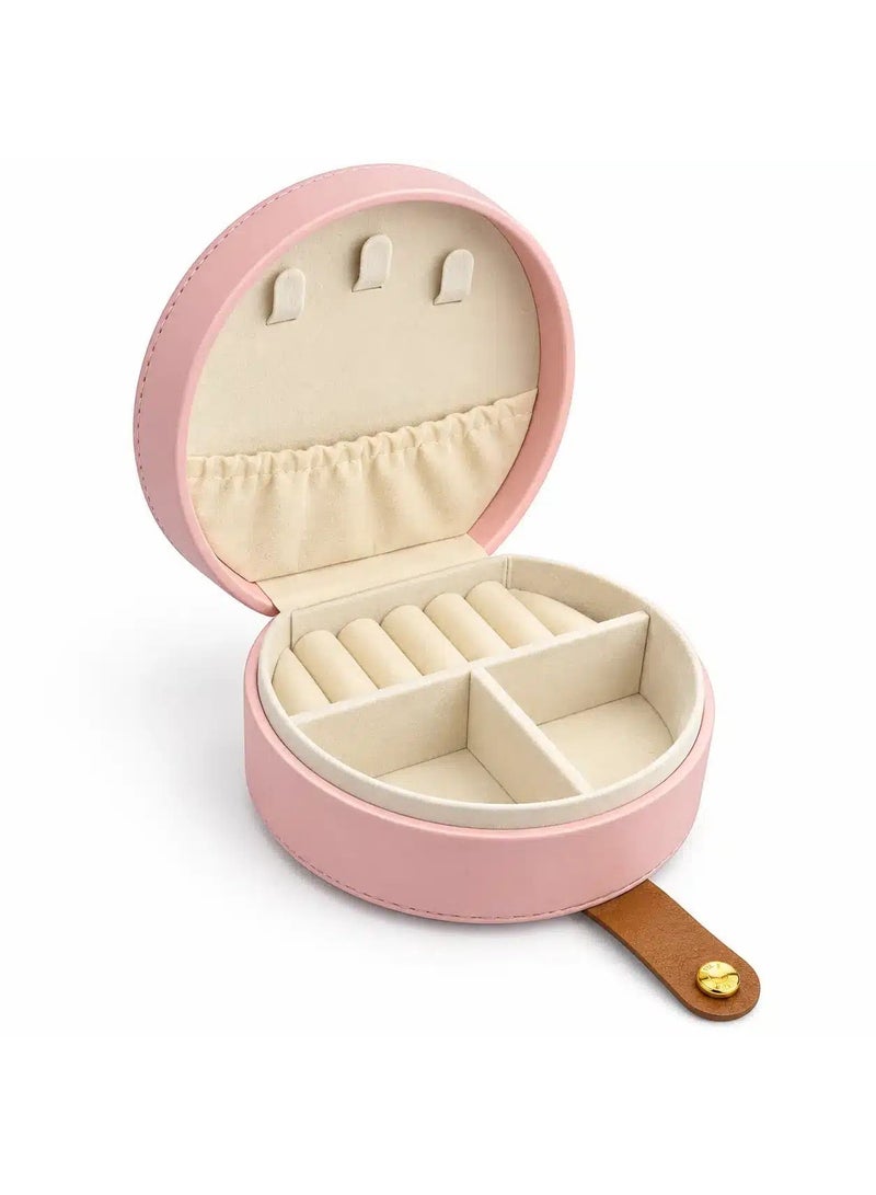 Compact Jewelry Organizer Box for Women, Round PU Leather Travel Jewelry Case with Necklace Hooks, Ring Rolls & Divided Compartments, Soft Interior, 10 × 10.5 × 4.5 cm – Pink - Image 1