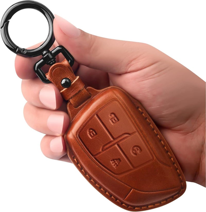 Tukellen غطاء مفتاح من الجلد الطبيعي من Tukellen حامل مفتاح ذكي غلاف متوافق مع سيارات Chevy Chevrolet Colorado وEquinox وSilverado وGMC Canyon وSierra وTerrain وYukon Denali وSuburban وTahoe وBuick من 2021 إلى 2026 - بني - Image 1