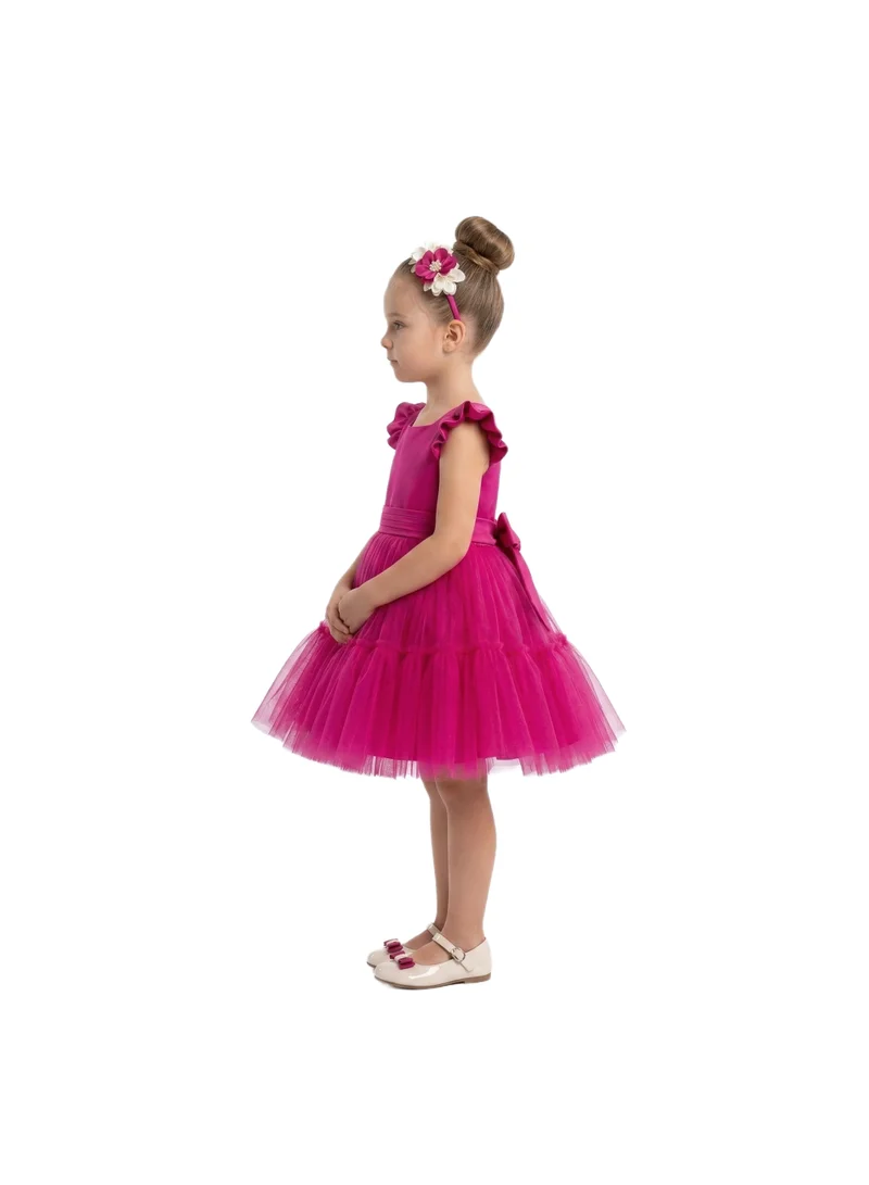 بيداني Ruffle Tulle Party Dress with Headband - Hot Pink