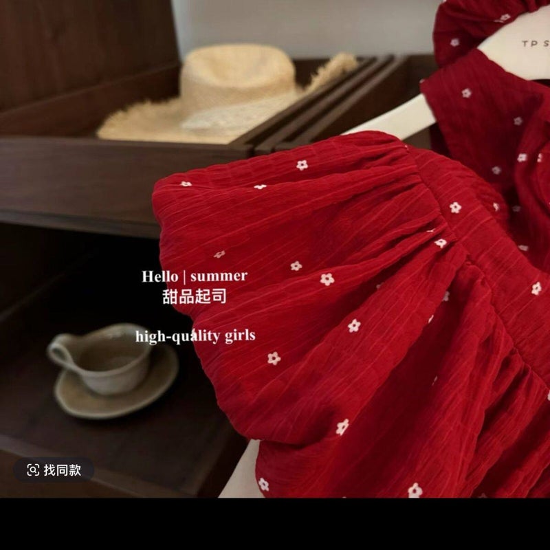 فستان أميرة بناتي أحمر برعم زهرة - Image 3
