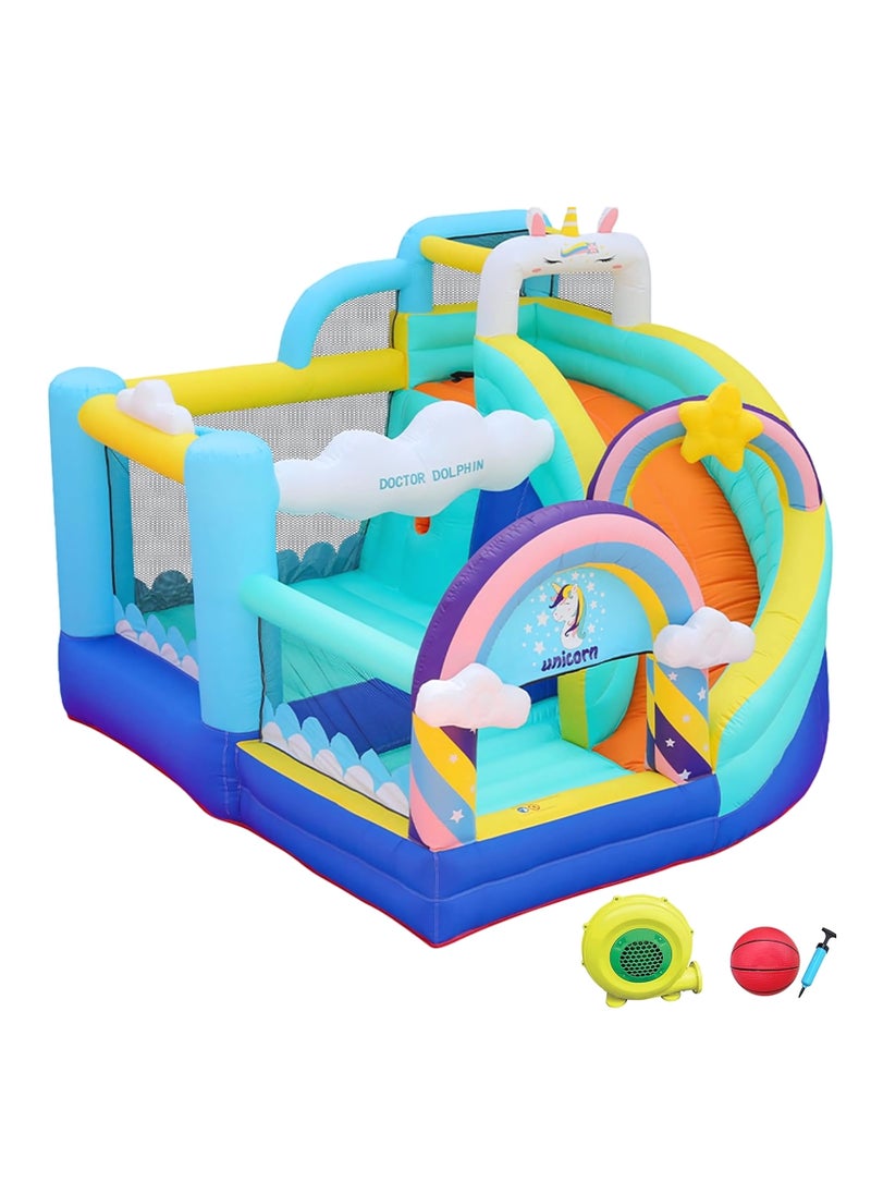 doctor dolphin Unicorn Inflatable Bounce House with Slide and Basketball Hoop White Pastel 320 x 290 x 235 cm Includes Blower Repair Kit Stakes Carry Bag for Toddlers and Kids Outdoor Play  - Image 1