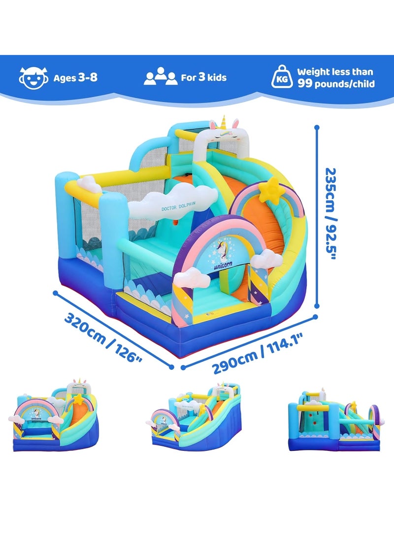 doctor dolphin Unicorn Inflatable Bounce House with Slide and Basketball Hoop White Pastel 320 x 290 x 235 cm Includes Blower Repair Kit Stakes Carry Bag for Toddlers and Kids Outdoor Play  - Image 2
