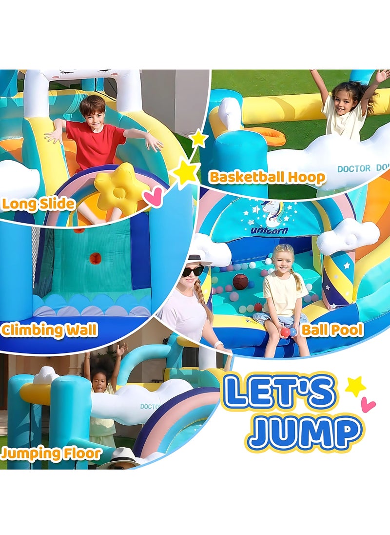 doctor dolphin Unicorn Inflatable Bounce House with Slide and Basketball Hoop White Pastel 320 x 290 x 235 cm Includes Blower Repair Kit Stakes Carry Bag for Toddlers and Kids Outdoor Play  - Image 5