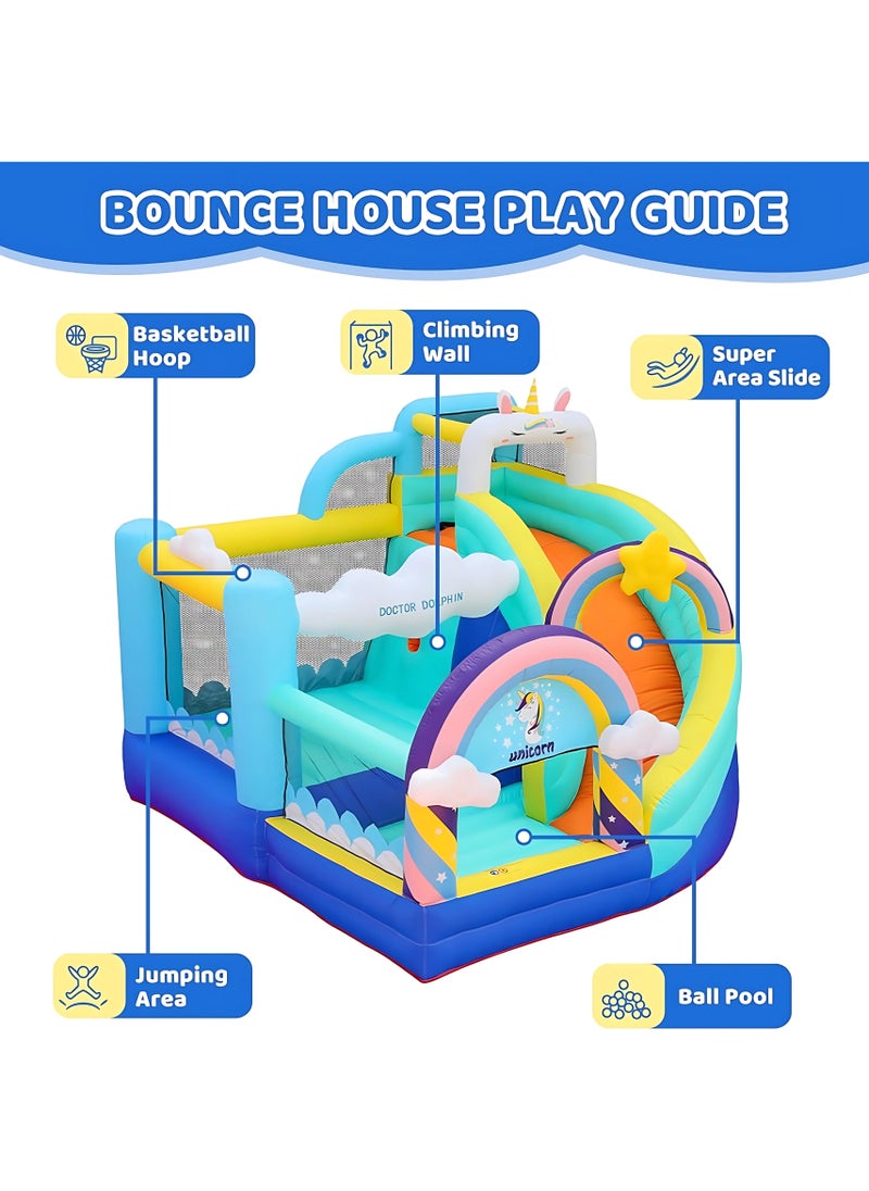 doctor dolphin Unicorn Inflatable Bounce House with Slide and Basketball Hoop White Pastel 320 x 290 x 235 cm Includes Blower Repair Kit Stakes Carry Bag for Toddlers and Kids Outdoor Play  - Image 4