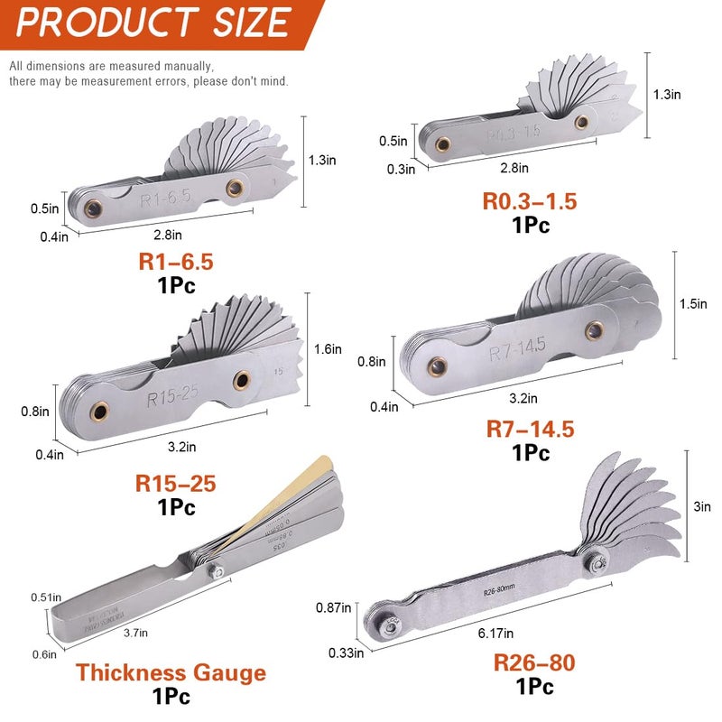 Tanstic 6Pcs Stainless Steel Feeler Gauge and Radius Gauge Set, 5Pcs R0.3-1.5/ R1-6.5/ R7-14.5/ R15-25/ R25-50 Radius Fillet Gauge with 32 Blades 0.04-0.88 mm Metric and Imperial Gap Measuring Tool - Image 2