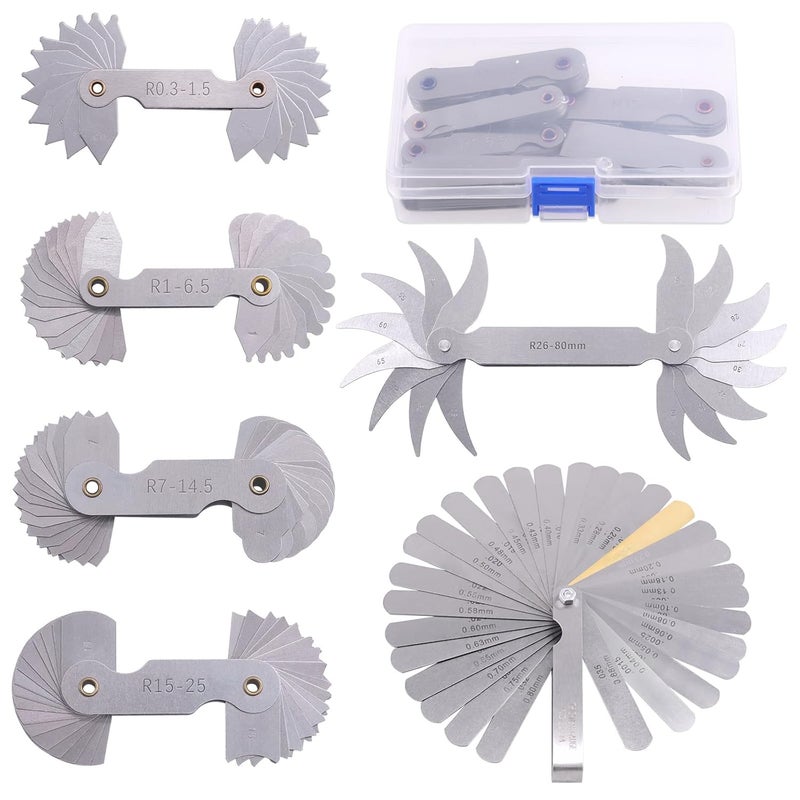 Tanstic 6Pcs Stainless Steel Feeler Gauge and Radius Gauge Set, 5Pcs R0.3-1.5/ R1-6.5/ R7-14.5/ R15-25/ R25-50 Radius Fillet Gauge with 32 Blades 0.04-0.88 mm Metric and Imperial Gap Measuring Tool - Image 1