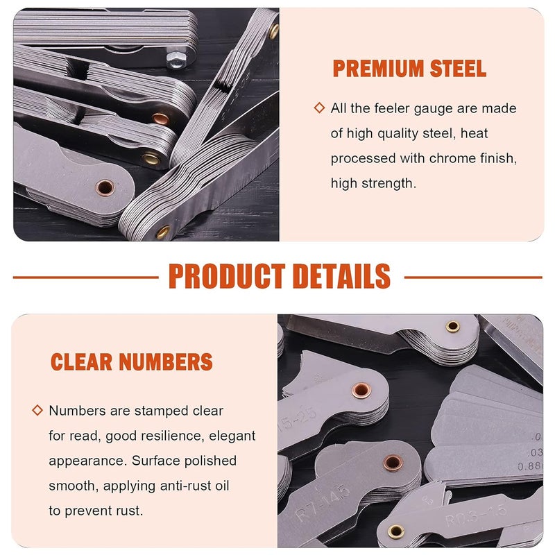Tanstic 6Pcs Stainless Steel Feeler Gauge and Radius Gauge Set, 5Pcs R0.3-1.5/ R1-6.5/ R7-14.5/ R15-25/ R25-50 Radius Fillet Gauge with 32 Blades 0.04-0.88 mm Metric and Imperial Gap Measuring Tool - Image 4