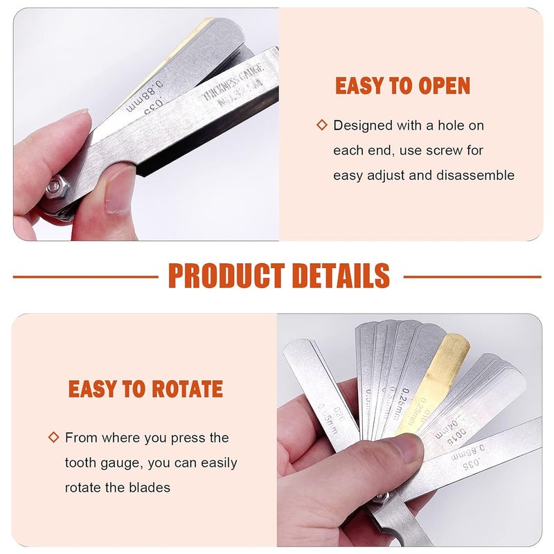 Tanstic 6Pcs Stainless Steel Feeler Gauge and Radius Gauge Set, 5Pcs R0.3-1.5/ R1-6.5/ R7-14.5/ R15-25/ R25-50 Radius Fillet Gauge with 32 Blades 0.04-0.88 mm Metric and Imperial Gap Measuring Tool - Image 3