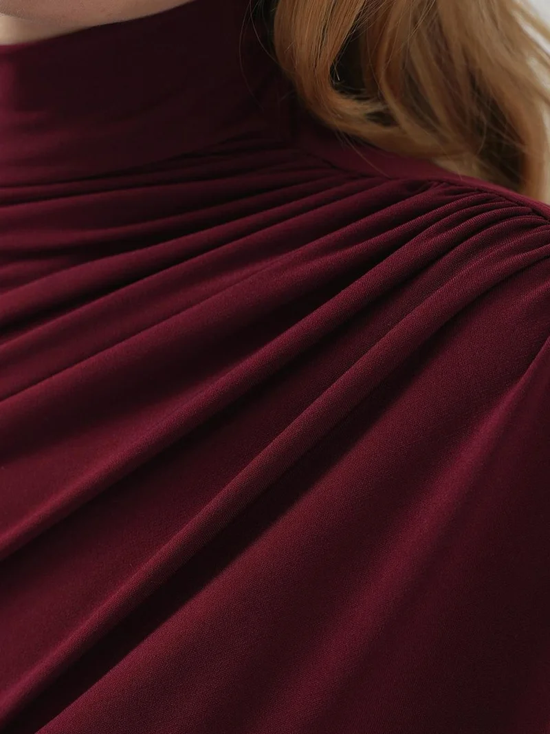 Big Dart Burgundy Red BDART Fitted Turtleneck Blouse with Drape Detail for Women | Best Price UAE