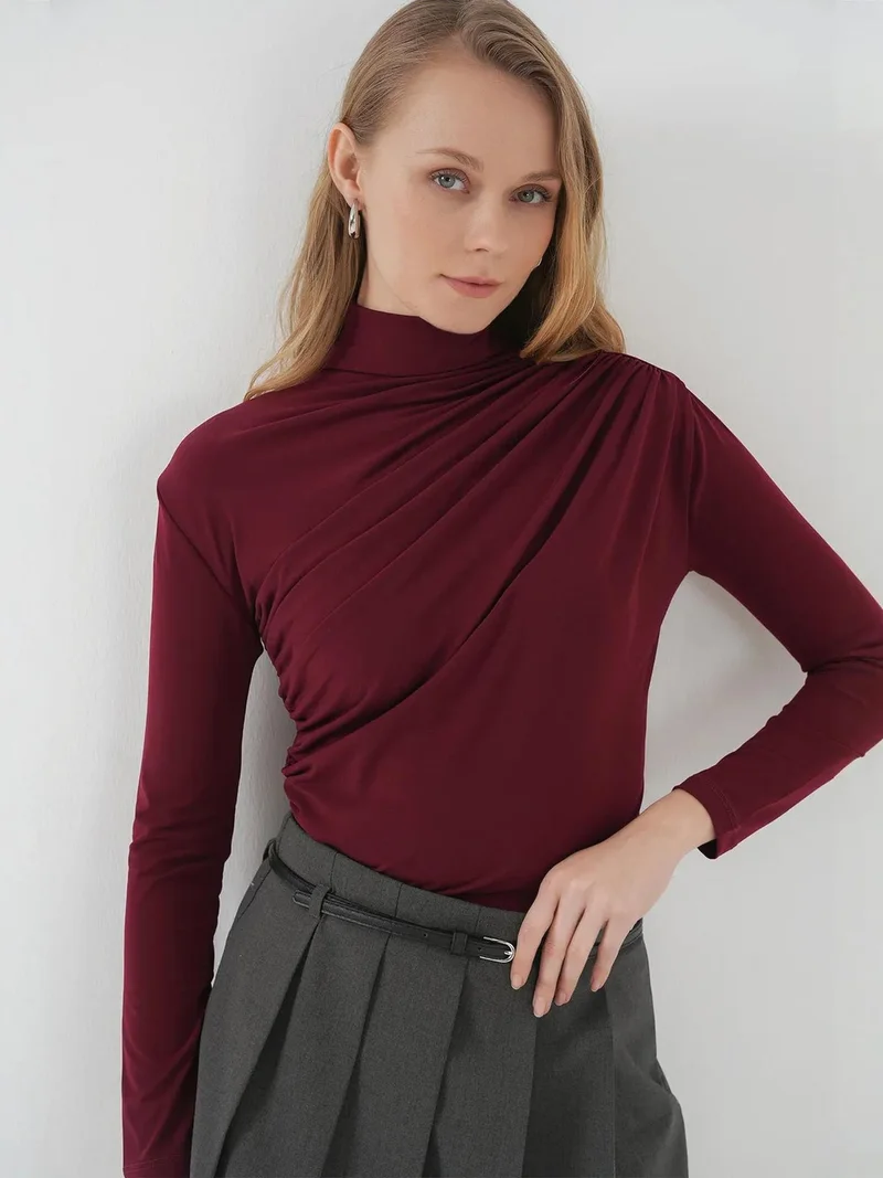 Big Dart Burgundy Red BDART Fitted Turtleneck Blouse with Drape Detail for Women | Best Price UAE