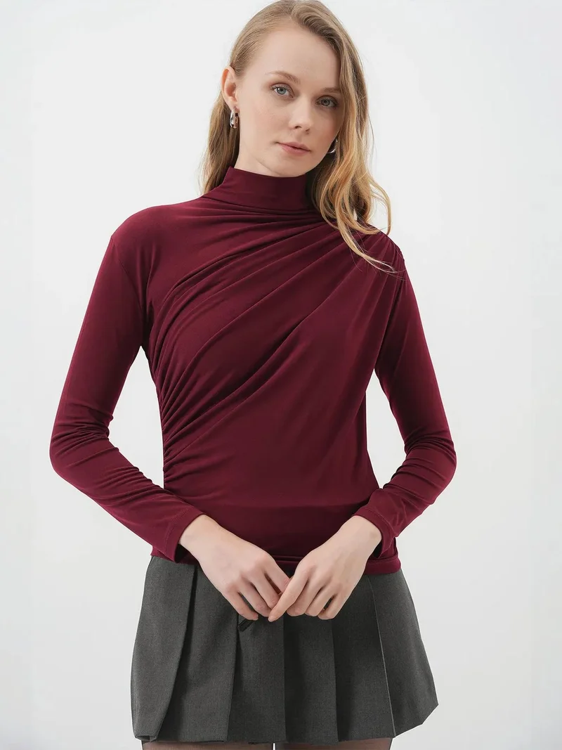 Big Dart Burgundy Red BDART Fitted Turtleneck Blouse with Drape Detail for Women | Best Price UAE