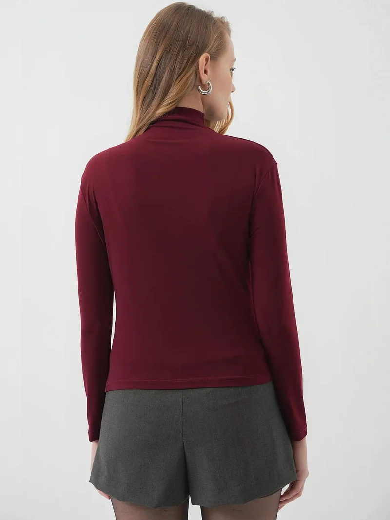 Big Dart Burgundy Red BDART Fitted Turtleneck Blouse with Drape Detail for Women | Best Price UAE