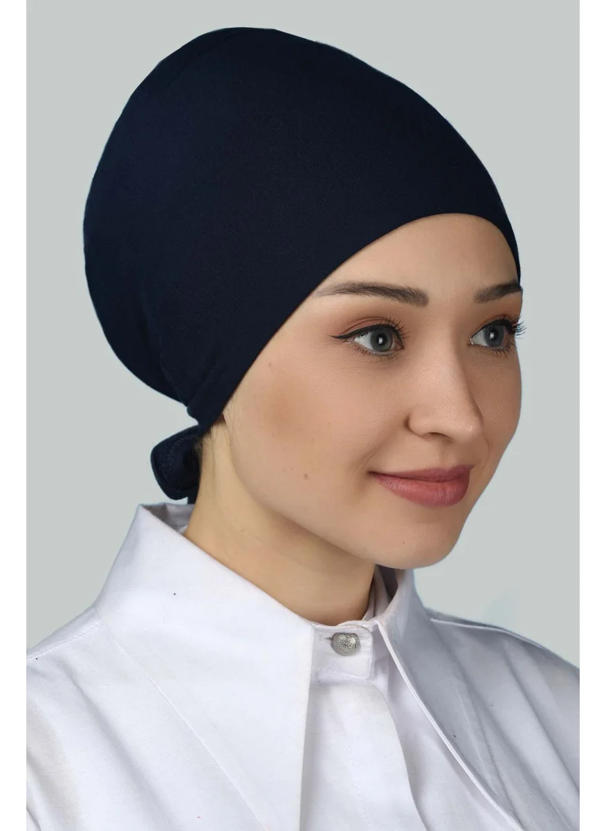 Altobeh Women's Seamless Lace-Up Non-Slip Hijab Combed Cotton Bonnet - Navy Blue