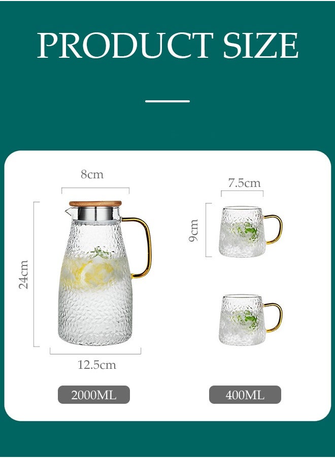 DUNISO 2L Glass Jug Set with Lid Teapot Pot Set Clear, Hot Cold Water Jug 3-Piece Vintage Carvings Glass Teapot,1 Teapot And 2 Cups For Iced Tea Lemonade Coffee Milk Juice  - Image 2