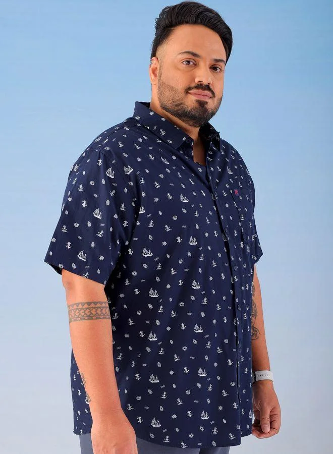 HARDSODA Men Plus Size Regular Fit Printed Cutaway Collar Half Sleeves Casual Shirt