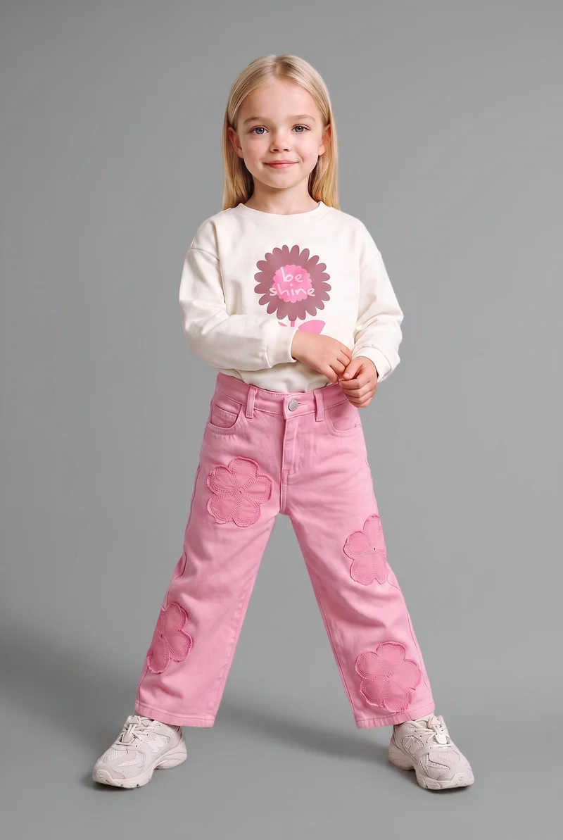 Defacto Baby Girl Wide Leg Floral Applique Jeans