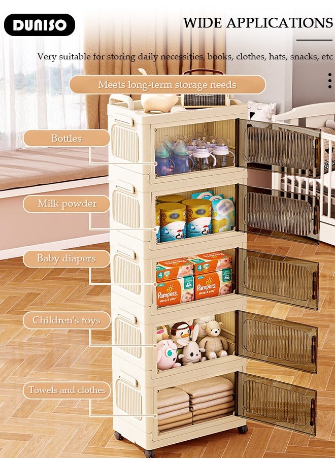 DUNISO 3 Layers Folding Storage Box with Lids, Plastic Stackable Storage Box Storage Bins with Wheels and Doors，37 cm Wide Large Capacity Cabinet for Clothes, Toys, Snacks, Books, Multifunction Container for Home, Office and Outdoor  - Image 3