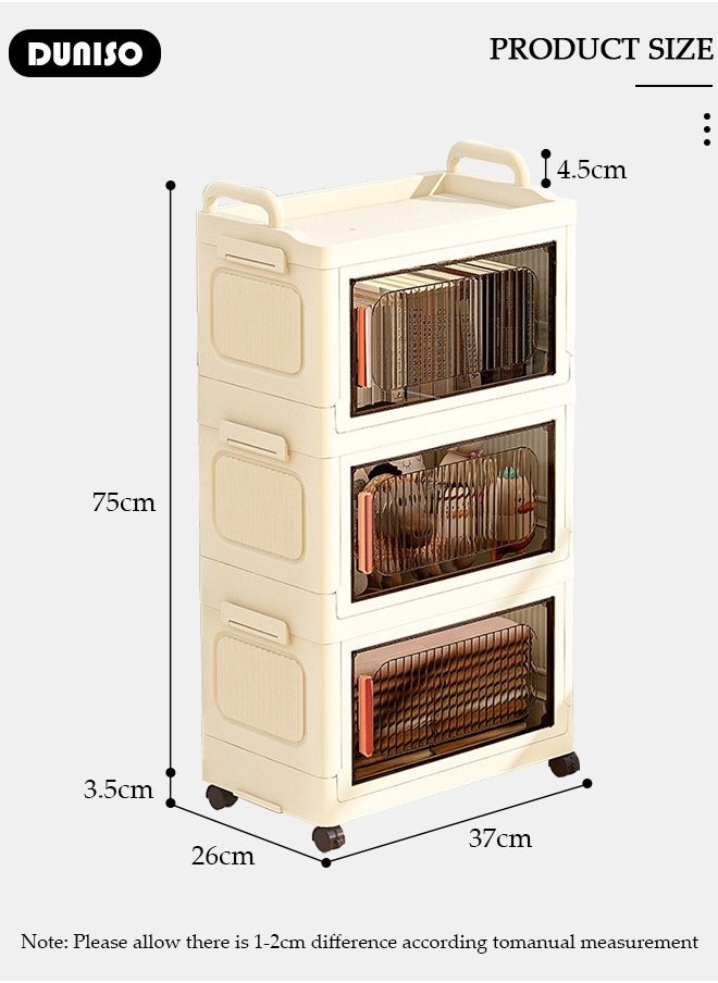 DUNISO 3 Layers Folding Storage Box with Lids, Plastic Stackable Storage Box Storage Bins with Wheels and Doors，37 cm Wide Large Capacity Cabinet for Clothes, Toys, Snacks, Books, Multifunction Container for Home, Office and Outdoor  - Image 4