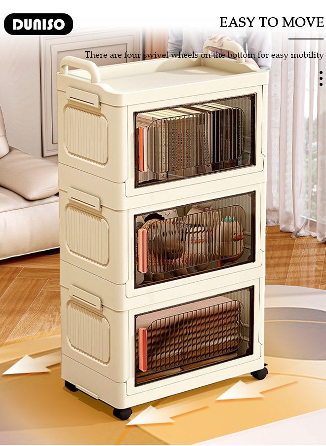 DUNISO 3 Layers Folding Storage Box with Lids, Plastic Stackable Storage Box Storage Bins with Wheels and Doors，37 cm Wide Large Capacity Cabinet for Clothes, Toys, Snacks, Books, Multifunction Container for Home, Office and Outdoor  - Image 5