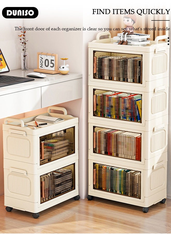DUNISO - 3 Layers Folding Storage Box with Lids, Plastic Stackable Storage Box Storage Bins with Wheels and Doors，37 cm Wide Large Capacity Cabinet for Clothes, Toys, Snacks, Books, Multifunction Container for Home, Office and Outdoor - Image 1