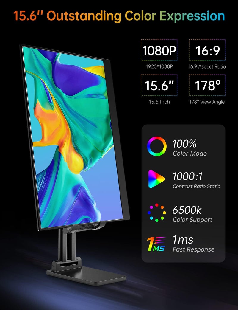 VILVA Portable-Monitor-for-Lapto - 15.6'' 1080P FHD IPS Display USB-C HDMI Portable Monitor for Laptop with Cover and Speakers External Monitor for Laptop/PC/Mac/Phone/Xbox Switch/PS4/ - Image 2