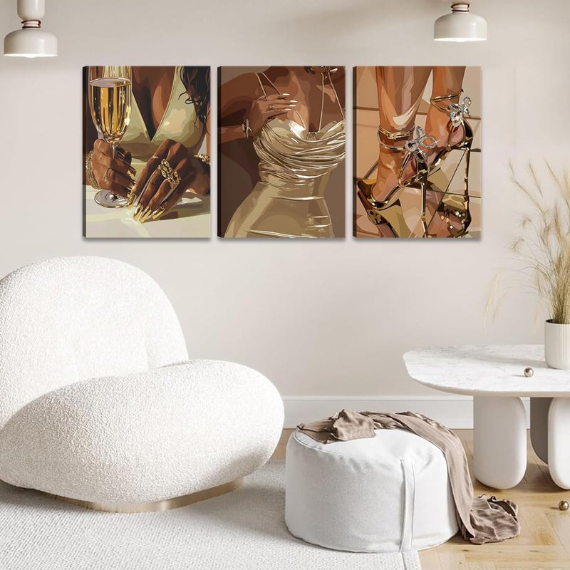yulihaz Trendy Black Girl Wall Art Set of 3, Fashion Black Women Bar Wall Decor Paintings Funky African American Woman Poster Canvas Print Pictures for Living Room Bedroom 12x16 inch Framed - Image 3