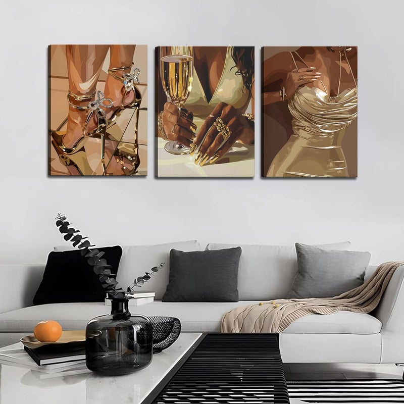 yulihaz Trendy Black Girl Wall Art Set of 3, Fashion Black Women Bar Wall Decor Paintings Funky African American Woman Poster Canvas Print Pictures for Living Room Bedroom 12x16 inch Framed - Image 5
