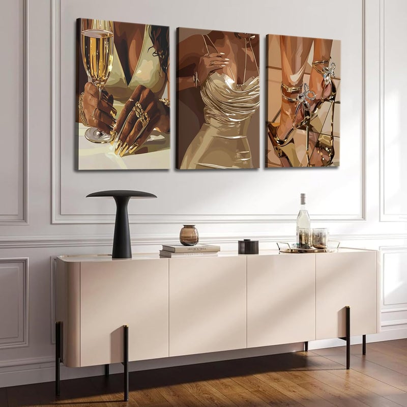 yulihaz Trendy Black Girl Wall Art Set of 3, Fashion Black Women Bar Wall Decor Paintings Funky African American Woman Poster Canvas Print Pictures for Living Room Bedroom 12x16 inch Framed - Image 4