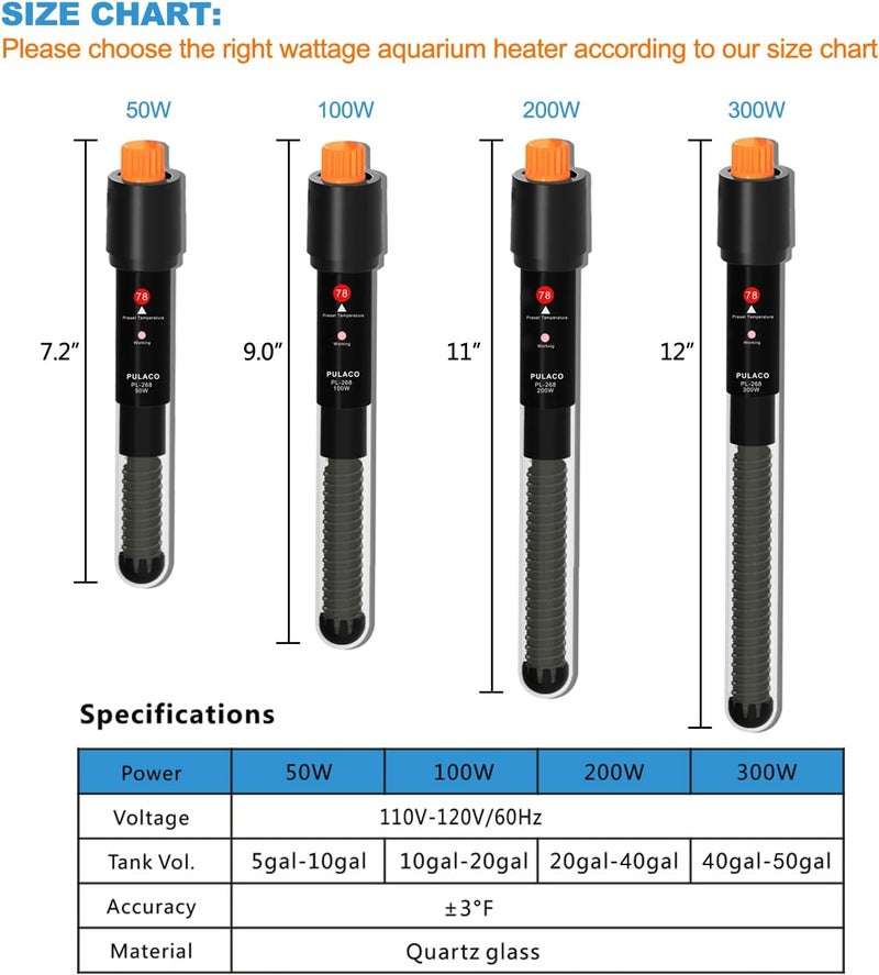 PULACO 200Watt Aquarium Heater for 20-40 Gallon Fish Tank, Adjustable Submersible Heater Thermostat with Thermometer Strip and Suction Cup - Image 2