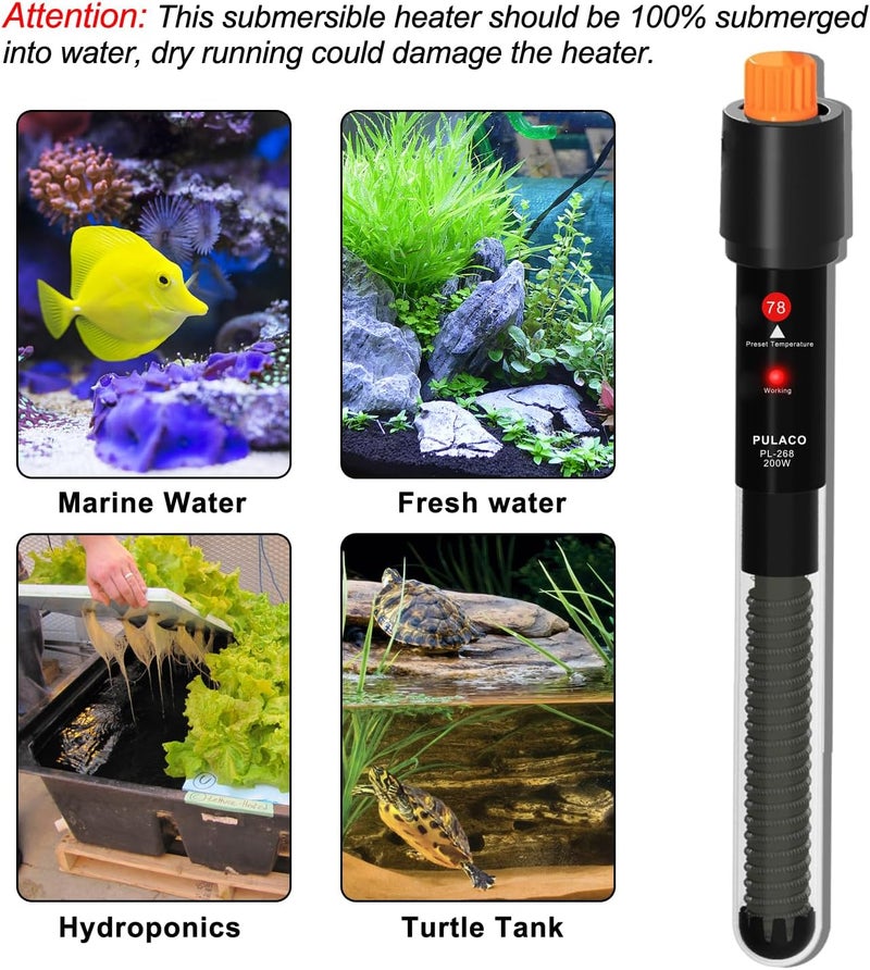 PULACO 200Watt Aquarium Heater for 20-40 Gallon Fish Tank, Adjustable Submersible Heater Thermostat with Thermometer Strip and Suction Cup - Image 4