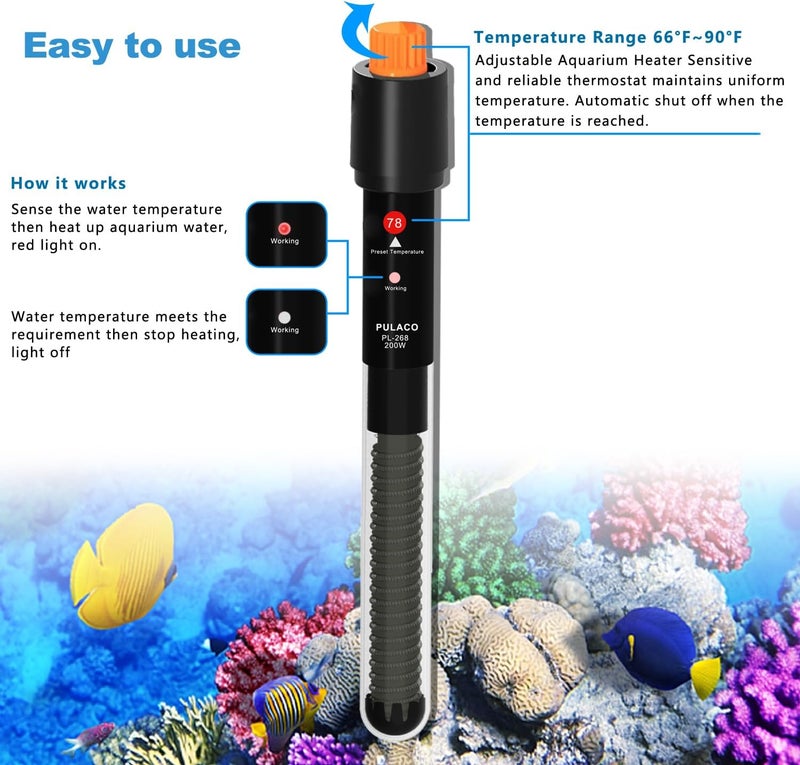 PULACO 200Watt Aquarium Heater for 20-40 Gallon Fish Tank, Adjustable Submersible Heater Thermostat with Thermometer Strip and Suction Cup - Image 3