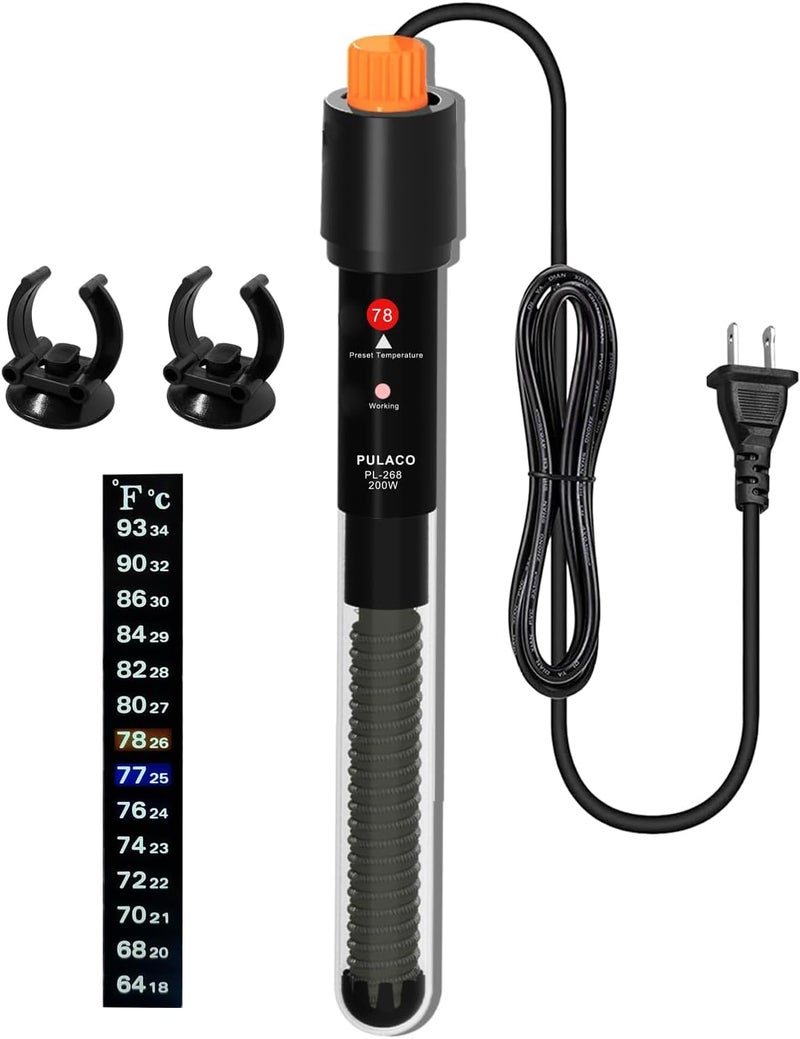 PULACO 200Watt Aquarium Heater for 20-40 Gallon Fish Tank, Adjustable Submersible Heater Thermostat with Thermometer Strip and Suction Cup - Image 1