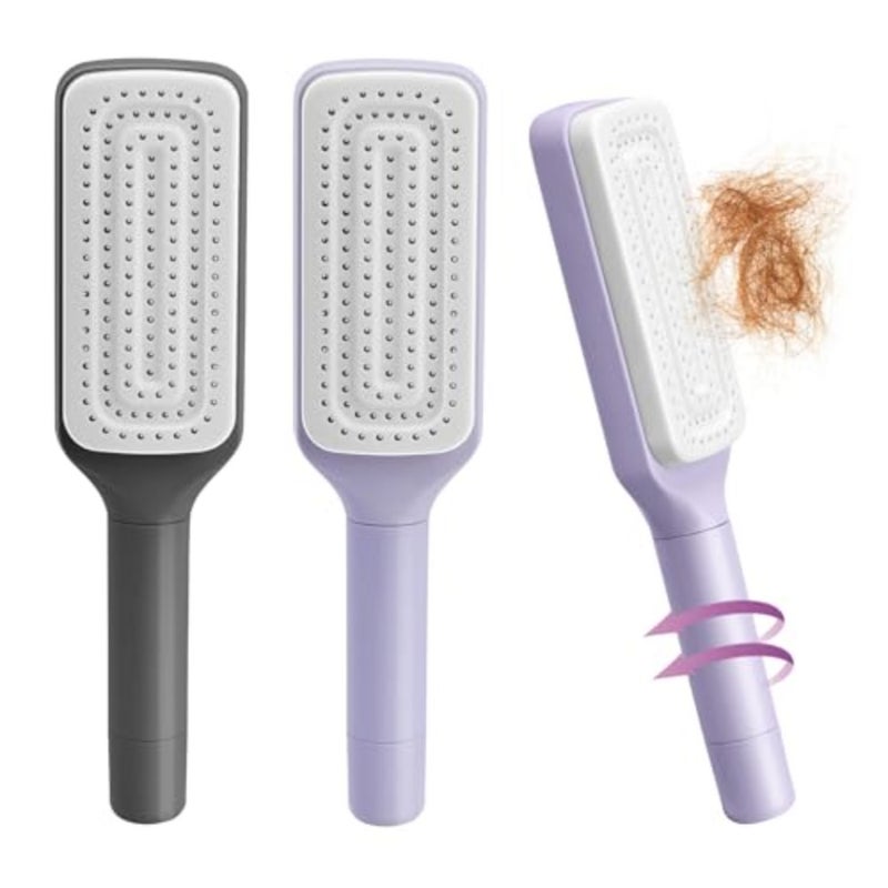 2PCS Self-Cleaning Massage Brush and Telescopic Comb - One-Click Cleaning, Rotating and Airbag Massage, Suitable for All Hair Types Purple + Gray - Image 1