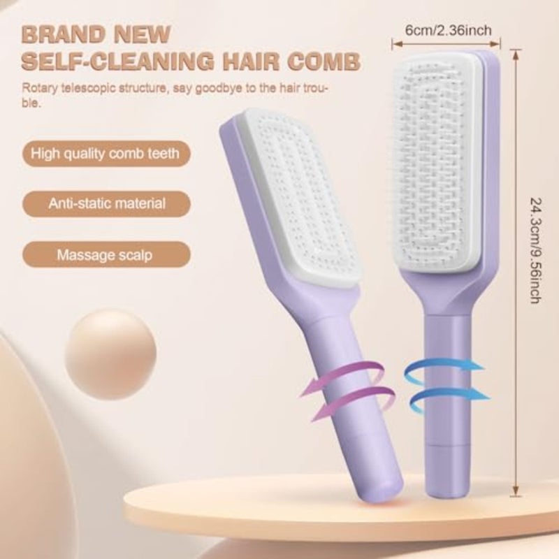 2PCS Self-Cleaning Massage Brush and Telescopic Comb - One-Click Cleaning, Rotating and Airbag Massage, Suitable for All Hair Types Purple + Gray - Image 3