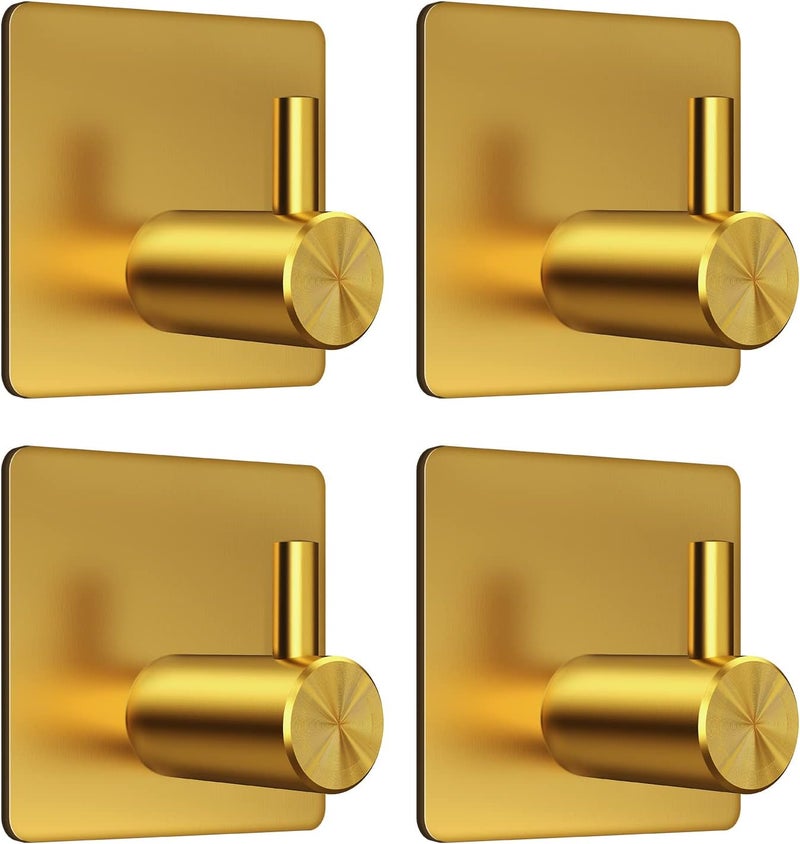 VIS'V In-Kingdom stored commodity Adhesive Hooks, Gold Adhesive Towel Hooks Waterproof Self Adhesive Shower Wall Hooks Stainless Steel Stick on Hooks Heavy Duty Sticky Hooks for Bathroom Kitchen Livingroom Camper - 4 Pcs Timely planned dispatch - Image 1