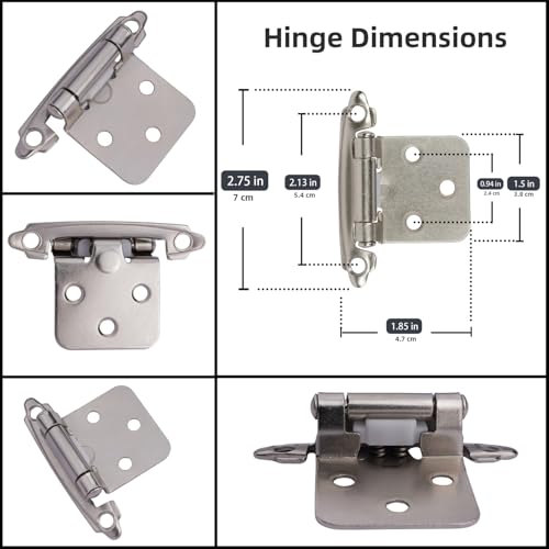 DecoBasics Cabinet Hinges Brushed Nickel for Kitchen Cabinets Doors (25 Pair -50 Pcs) -1/2" Overlay (Variable) -Self Closing Kitchen Cabinet Hinges Flush Mount w/Silicon Bumpers & Hardware Screws - Image 3