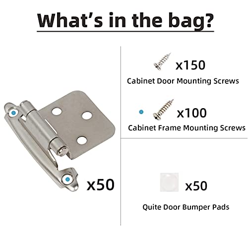 DecoBasics Cabinet Hinges Brushed Nickel for Kitchen Cabinets Doors (25 Pair -50 Pcs) -1/2" Overlay (Variable) -Self Closing Kitchen Cabinet Hinges Flush Mount w/Silicon Bumpers & Hardware Screws - Image 4