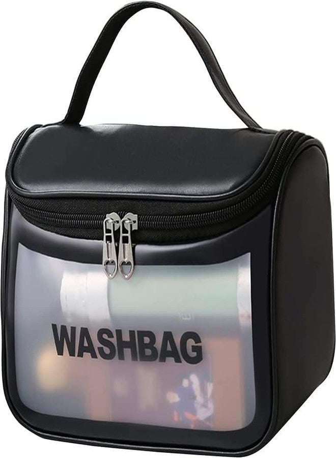 SKDBPM Clear Toiletry Bag, Wash Make Up Bag Pvc Waterproof Zippered Cosmetic Bag, Portable Carry Pouch For Women Men (Black, Big Size), 16 Cm Width - Image 1