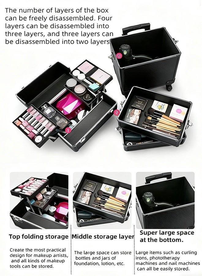 3-Tier Professional Makeup Box, Makeup Artist's Makeup Case, Rollers, Handles And Pull Rods, Large-Capacity Portable Cosmetic Train Case, Travel And Outdoor Cosmetic Case - Image 4