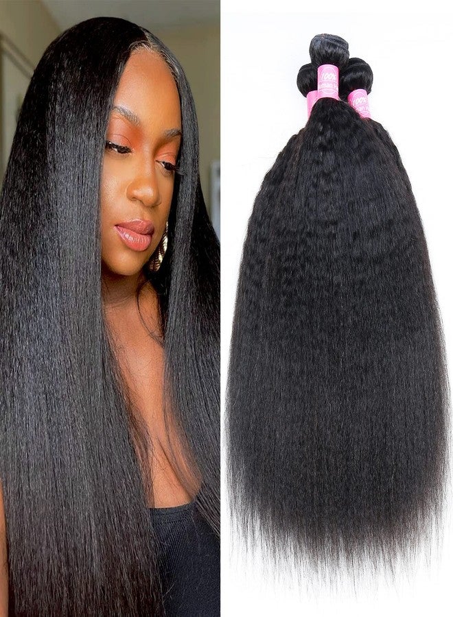 FQ Kinky Straight Hair Bundles 12 14 16 Brazilian Kinky Straight Human Hair Bundles Unprocessed Virgin Hair 3 Bundles 100g/BundlesDouble Weft Yaki Straight Human Hair Weave Extensions Natural Color - Image 1